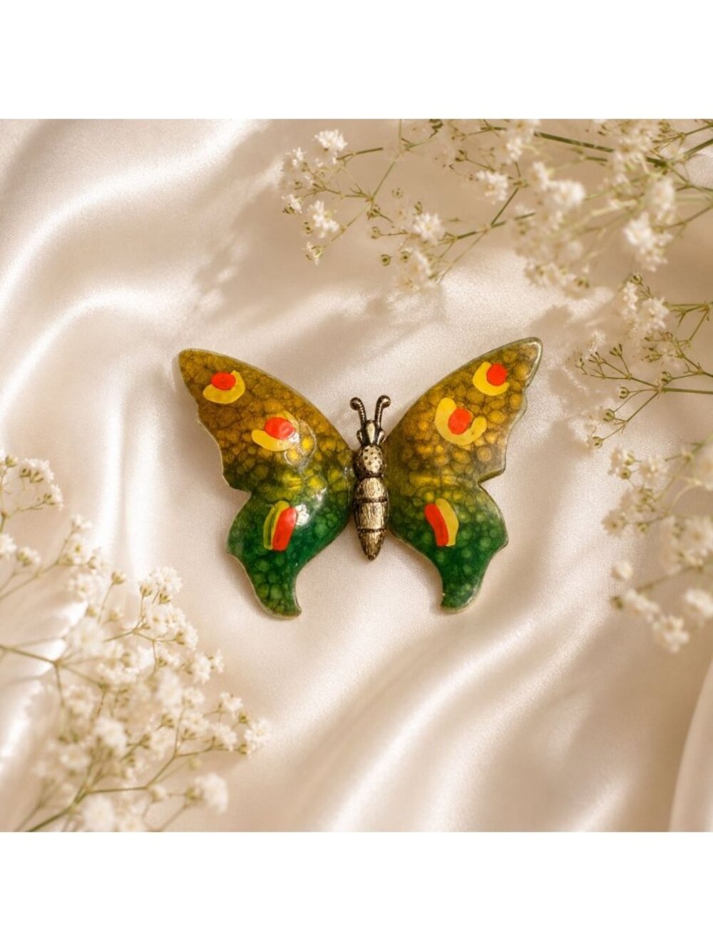 Vintage Butterfly Brooch Enamel MCM Green Gold Statement Pin Mid Century Germany